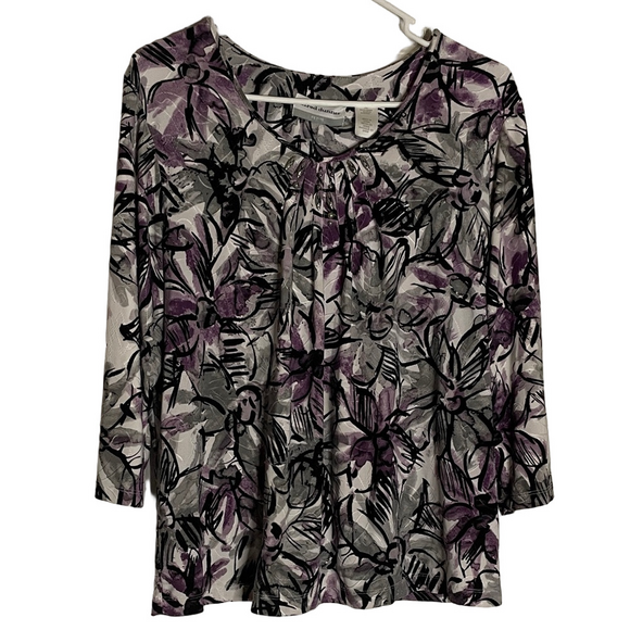 ALFRED DUNNER Floral Gathered Neckline Top, Women’s Size PL, White Purple - Picture 1 of 9